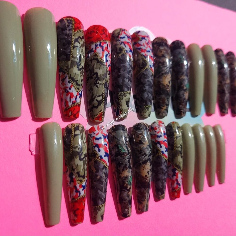 Green Camouflage Design Ballerina Press on Nails